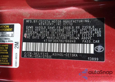 2011 Toyota Camry Se из США, поврежденный, VIN 4T1BF3EK7BU166848